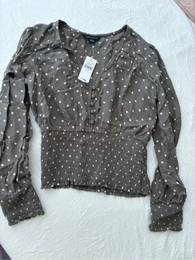 American Eagle Outfitters Grey Blouse with Cream Polka Dots
